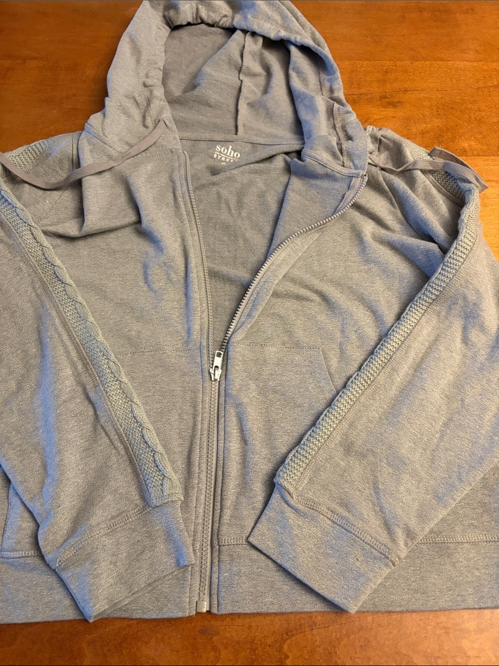 Soho Gray Zip-Up Hooded Sweatshirt with Textured Sleeve Trim
